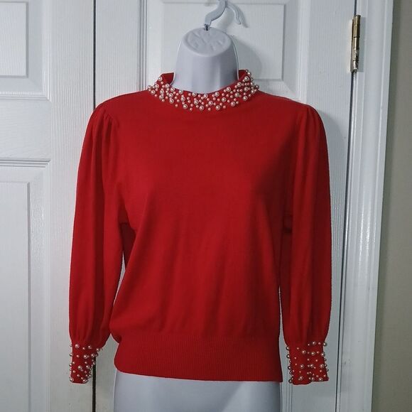 Ontwelfth red holiday with faux pearl neckline and cuffs  Sz M EUC holiday party - Picture 1 of 8